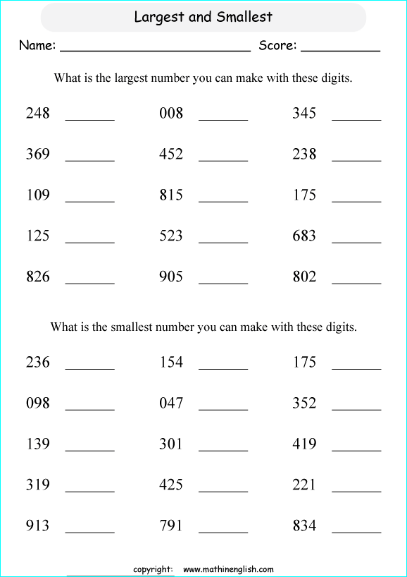 Use 3 digits and make the biggest and smallest numbers you can. Grade 2 ...