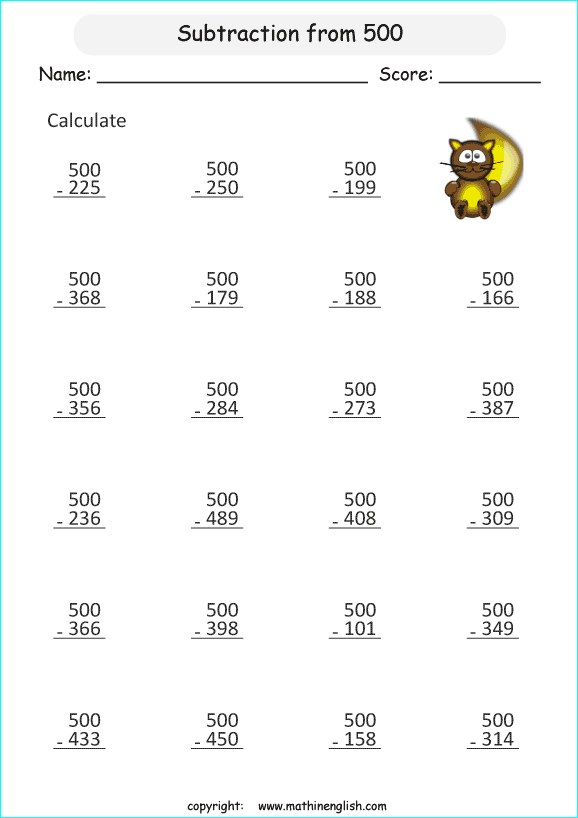 printable math 3 digit subtraction worksheets for kids in primary and elementary math class 