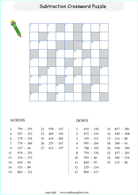 printable math subtraction crossword worksheets for kids in primary and elementary math class 