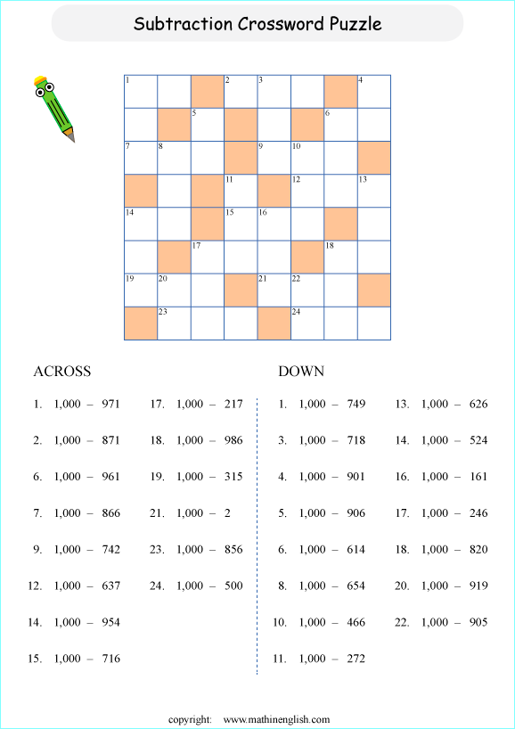 printable math subtraction crossword worksheets for kids in primary and elementary math class 