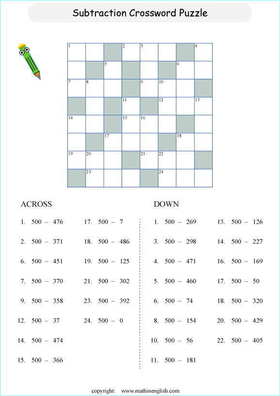 printable math subtraction crossword worksheets for kids in primary and elementary math class 