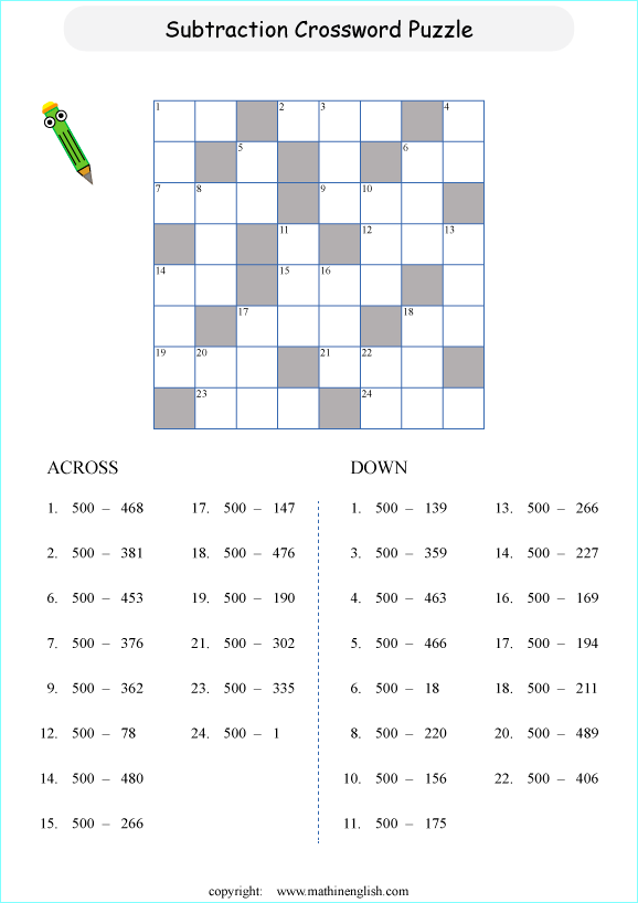 printable math subtraction crossword worksheets for kids in primary and elementary math class 