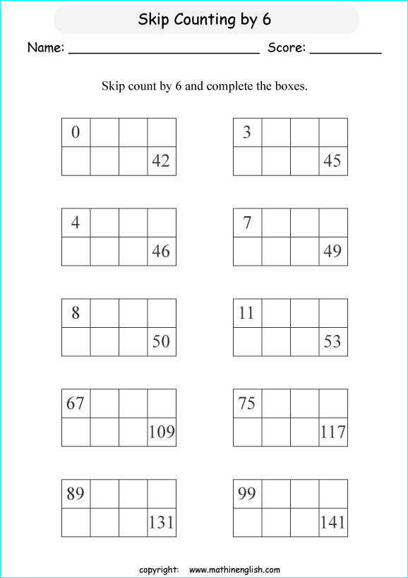 Skip count by 6 math addition and numeracy worksheet for grade 1 and 2