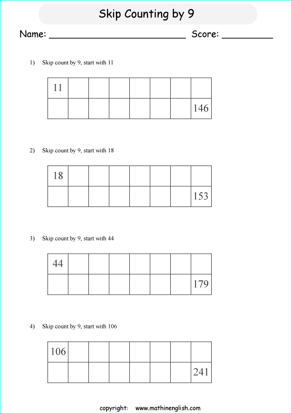 Skip count by 9 math addition and numeracy worksheet for ...
