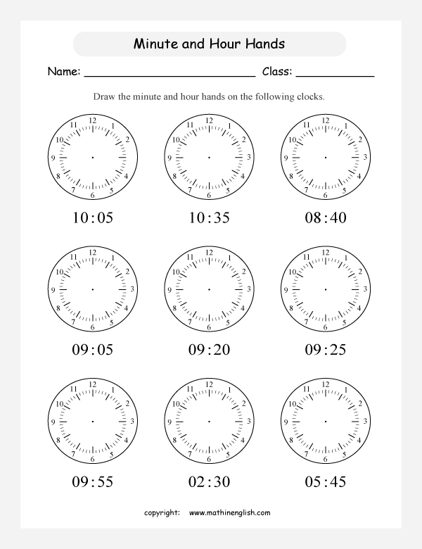 drawing hands on clocks worksheets for primary math