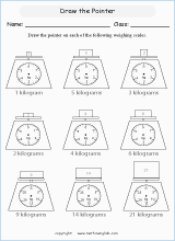 draw pointer on scales printable grade 3 math worksheet