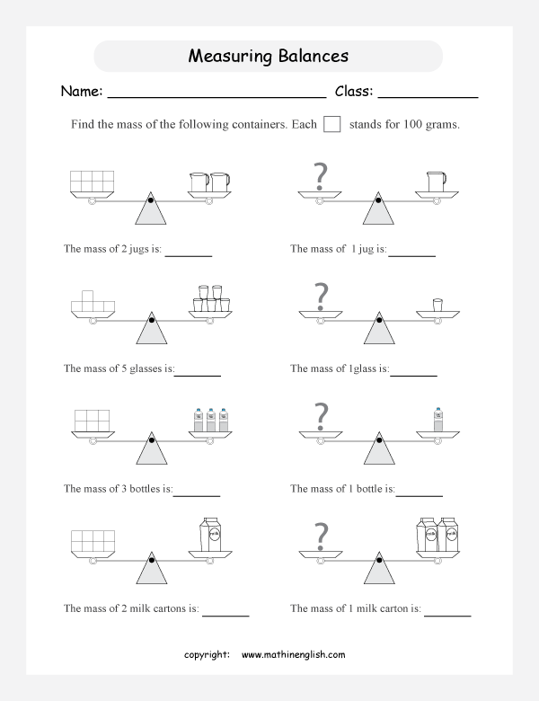 measuring mass worksheets for primary math  