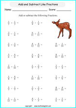 printable adding like fractions worksheets for kids in primary and elementary math class 