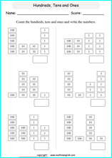 printable math place value of 3 digit number worksheets for kids in primary and elementary math class 