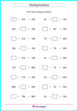 missing addends with sum up to 1,000