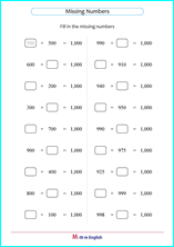 missing addends with sum up to 1,000