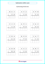 subtract from whole thousand, triple regrouping