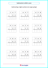 subtract 2 digit numbers from 3 digit numbers