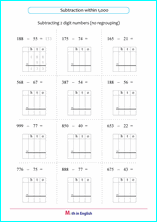 subtract 2 digit numbers from 3 digit numbers