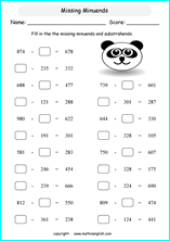 grade 2 subtraction with missing numbers math school worksheets for primary and elementary math education
