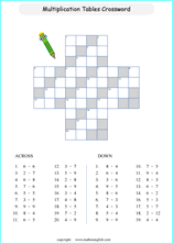 printable math multiplication crossword puzzle worksheets for kids in primary and elementary math class 