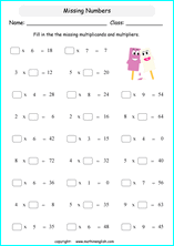 printable math multiplication missing numbers worksheets for kids in primary and elementary math class 