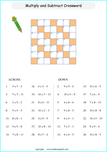 printable math subtraction crossword worksheets for kids in primary and elementary math class 