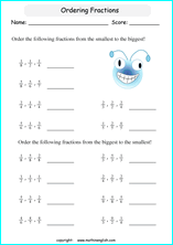 printable comparing and ordering fractions worksheets for kids in primary and elementary math class 