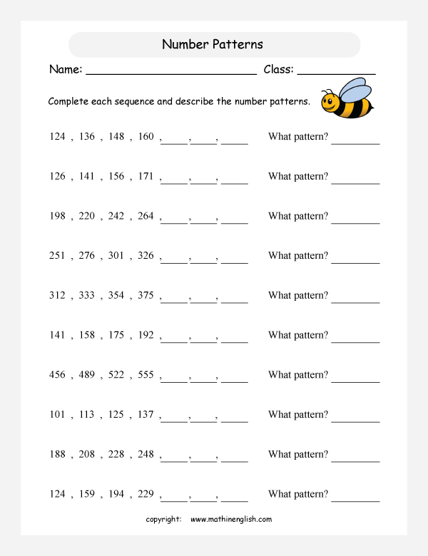 printable math number pattern worksheets for kids in primary and elementary math class 