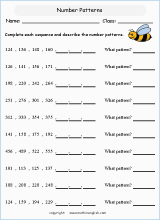 printable math number pattern worksheets for kids in primary and elementary math class 