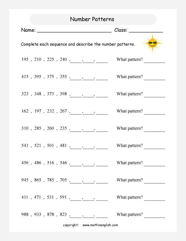 printable math number pattern worksheets for kids in primary and elementary math class 