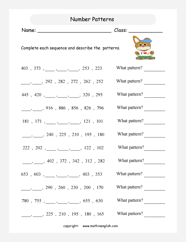 printable math number pattern worksheets for kids in primary and elementary math class 