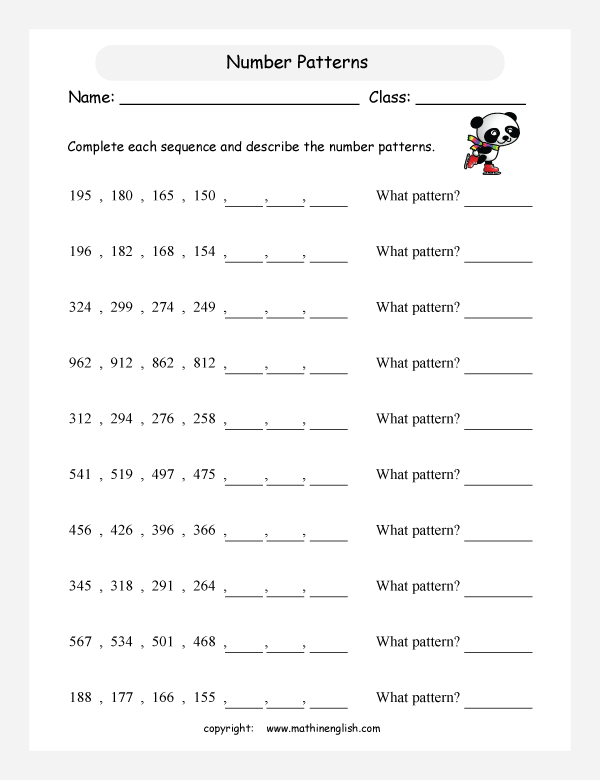 printable math number pattern worksheets for kids in primary and elementary math class 