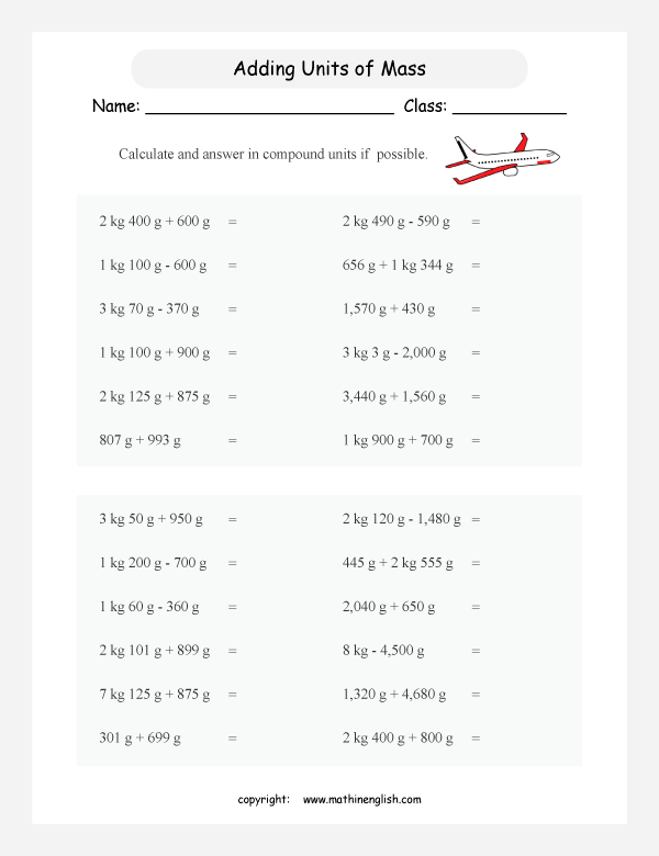 operation with units of mass worksheets for primary math  