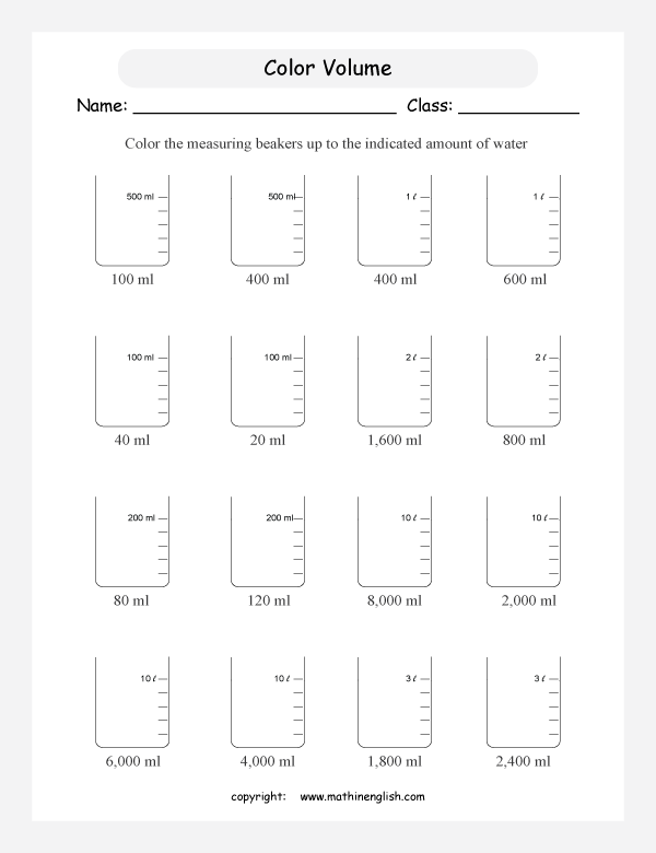 measuring volume and capacity worksheets for primary math  