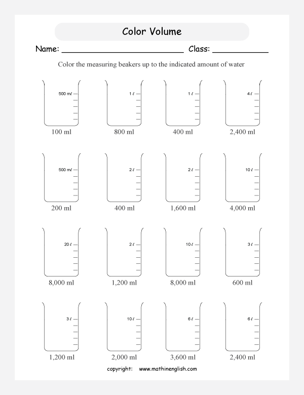 measuring volume and capacity worksheets for primary math  