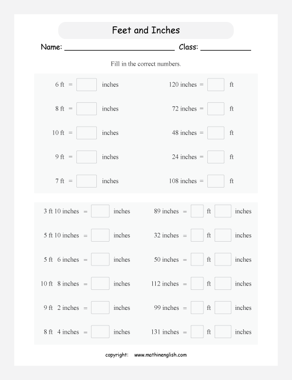Converting Feet To Inches Worksheet