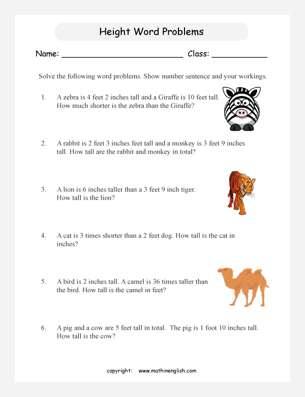 length and height word problem worksheets for primary math  