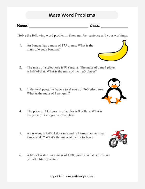 mass and weight word problem worksheets for primary math  