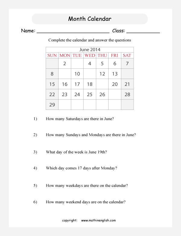 date and calendar worksheets for primary math
