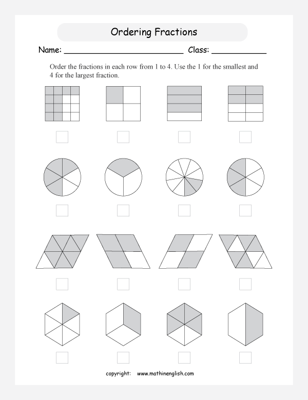 printable comparing and ordering fractions worksheets for kids in primary and elementary math class 