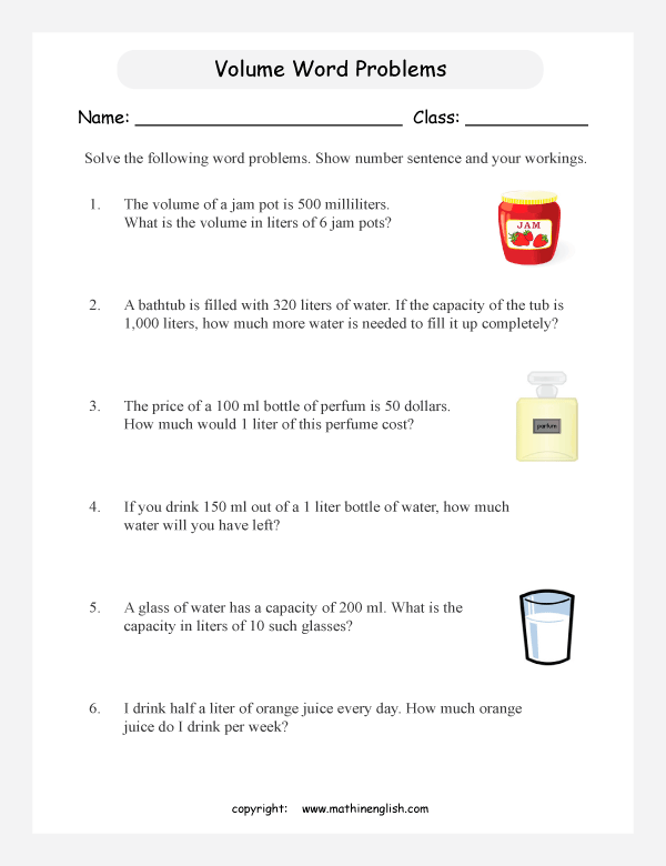 volume and capacity word problems worksheets for primary math