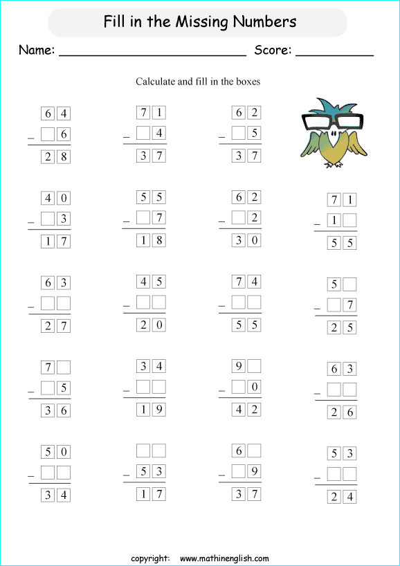 printable math missing numbers subtraction worksheets for kids in primary and elementary math class 