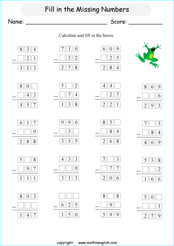 printable math missing numbers subtraction worksheets for kids in primary and elementary math class 