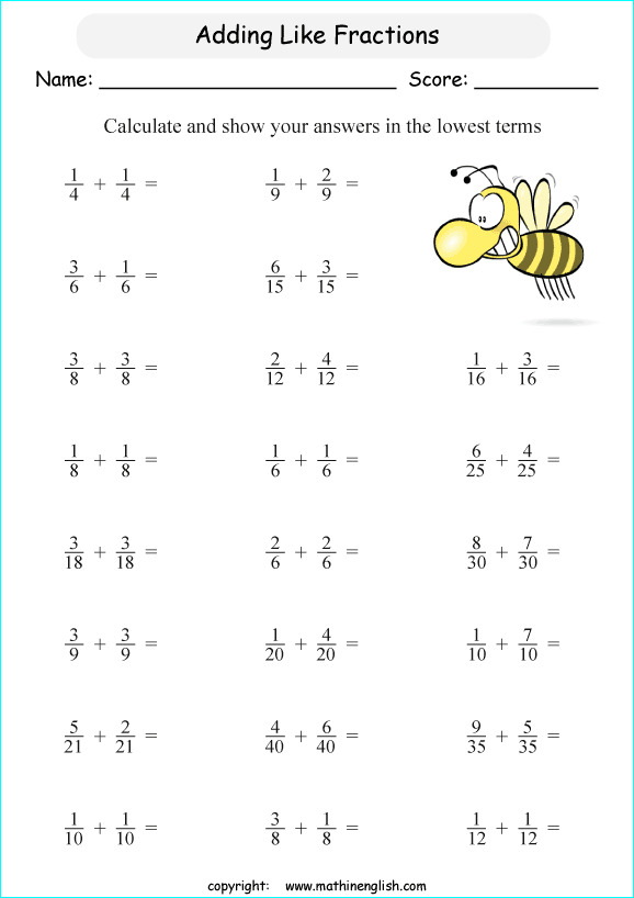 printable adding like fractions worksheets for kids in primary and elementary math class 