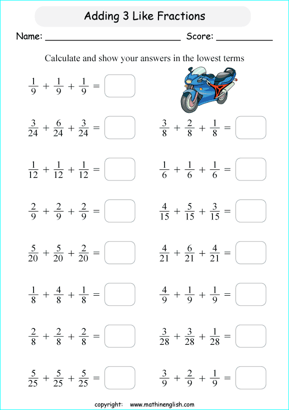 3 like fractions printable grade 3 math worksheet