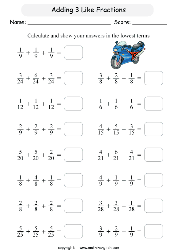 printable math addition like fractions worksheets