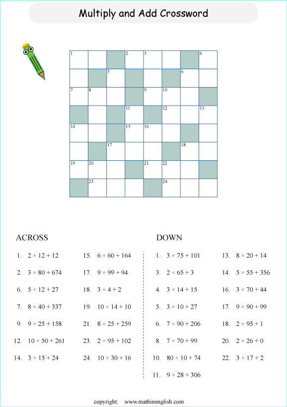printable math multiplication crossword puzzle worksheets for kids in primary and elementary math class 