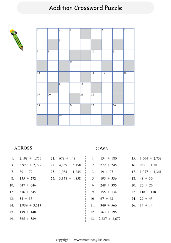 printable math addition crosswords worksheets