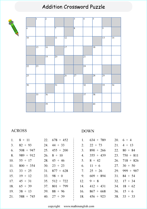 printable math addition crosswords worksheets