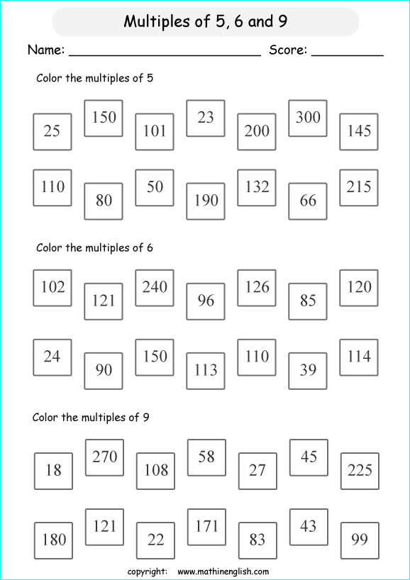 listing multilpes and factors worksheets for grade 1 to 6 