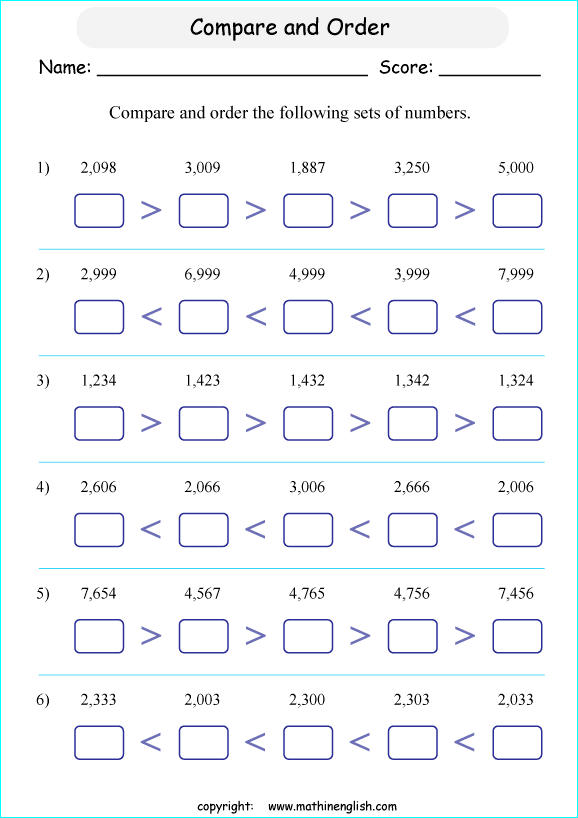 printable math comparing and ordering up to 10,000 worksheets for kids in primary and elementary math class 
