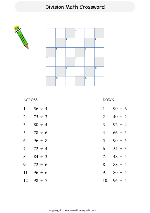 printable division crossword worksheets for kids in primary and elementary math class 