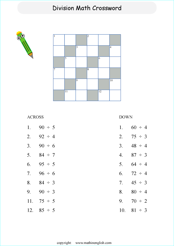 printable division crossword worksheets for kids in primary and elementary math class 