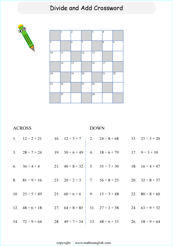 printable division crossword worksheets for kids in primary and elementary math class 